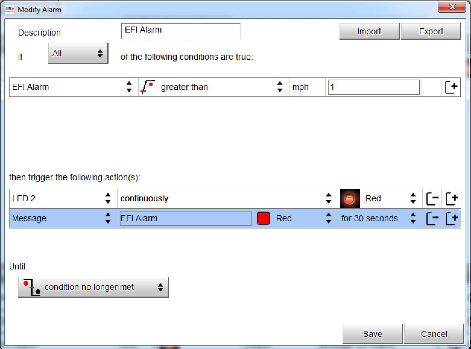 Configuring the alarm on the MXL2 dash for the EFI Alarm condition